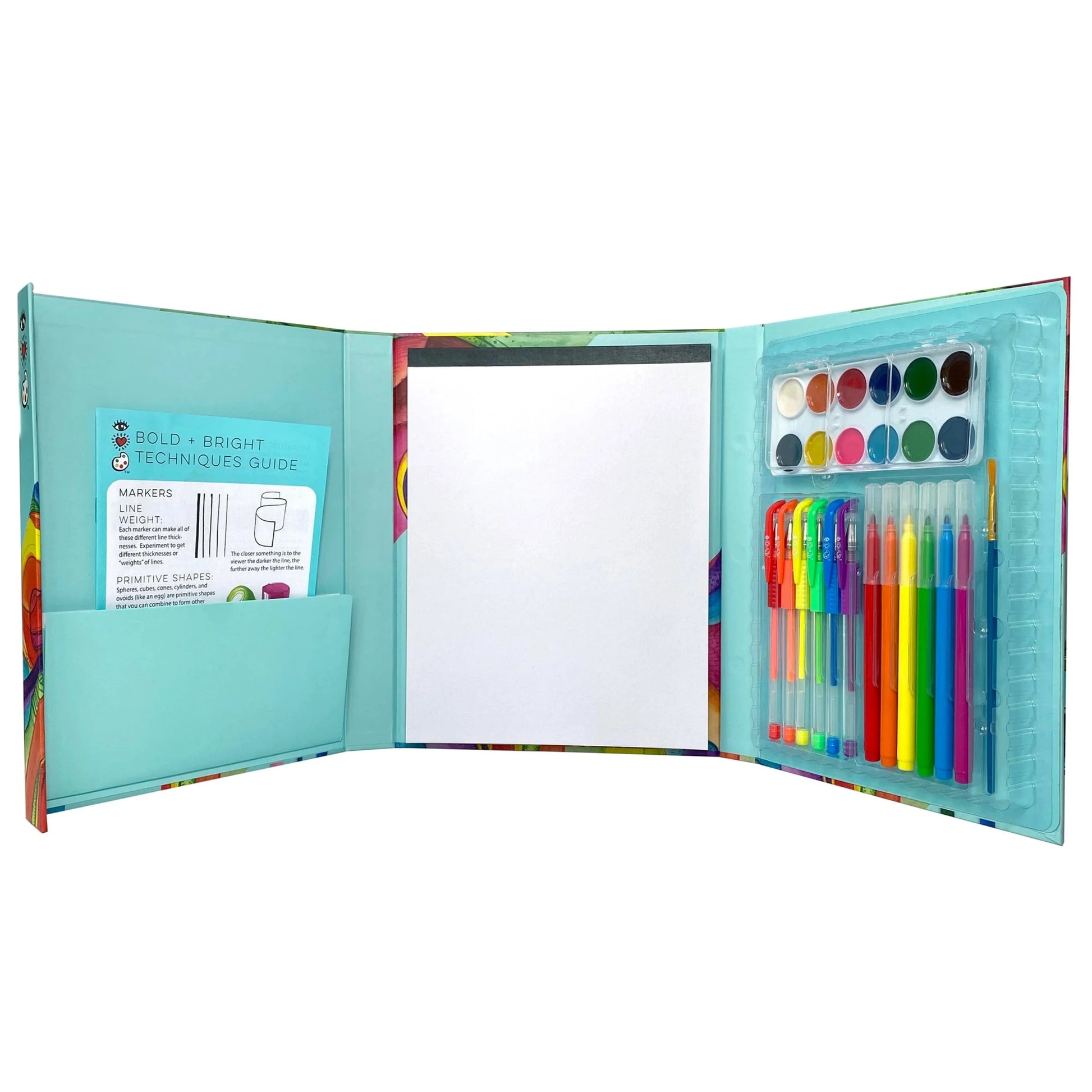 The Bright Stripes Mash-Up Art Pack Bold + Bright is an open art kit filled with richly pigmented colored pencils, markers, paints, and paper, all neatly arranged in a vibrant fold-up portfolio.