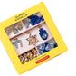 A yellow box labeled "Super Smalls Make It Mazel Mini Bead Kit" by Super Smalls, featuring an assortment of blue, gold, and silver beads, along with Jewish charms including a Star of David, Hamsa, and Chai symbols.