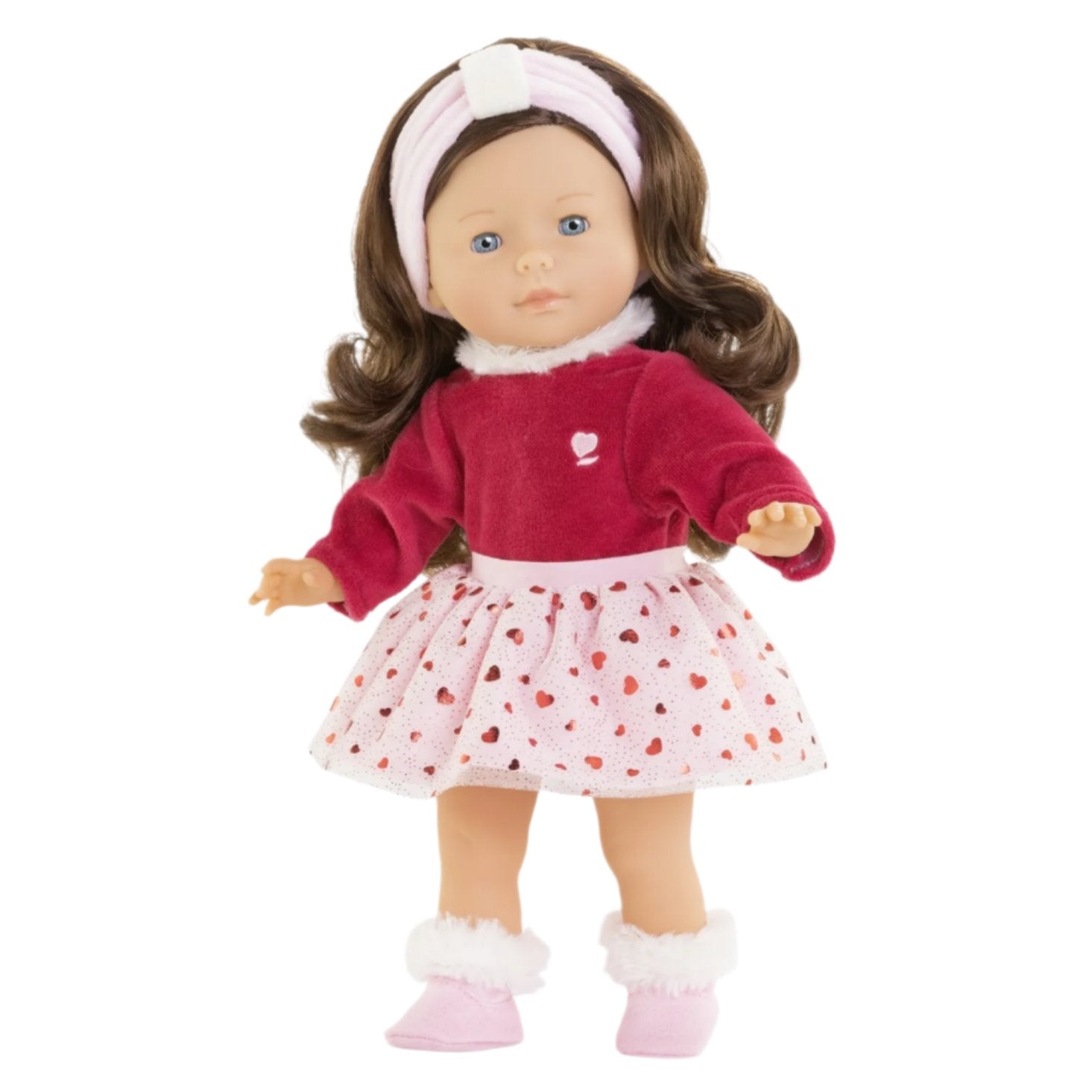 Introducing the limited edition Corolle Pearl Heart Petals Doll, showcasing silky brown hair and dressed in a red top, white polka dot skirt, pink shoes, and a matching pink headband.