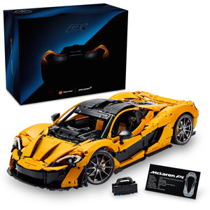 Discover the LEGO® Technic™ McLaren P1™ Hypercar set by Legos - Toyhouse, featuring a detailed 1:8 scale model, including the box, car, and an informational plaque to highlight this engineering masterpiece.