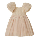 The Noralee Baby Girls' and Girls' Dorothy Dress features short puff sleeves, a light pink embroidered bodice with sequin details, and a gathered flowing skirt.
