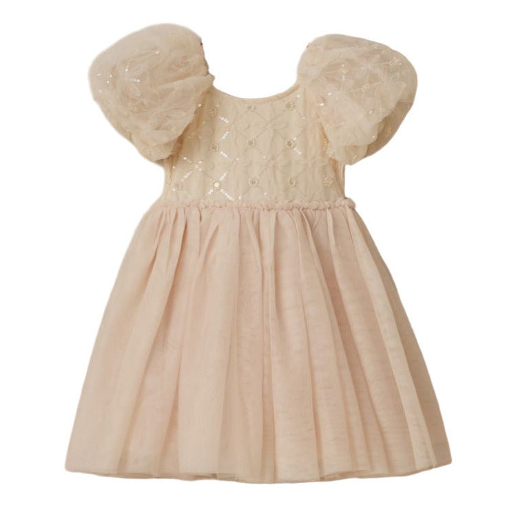 The Noralee Baby Girls' and Girls' Dorothy Dress features short puff sleeves, a light pink embroidered bodice with sequin details, and a gathered flowing skirt.