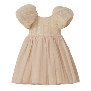 The Noralee Baby Girls' and Girls' Dorothy Dress features short puff sleeves, a light pink embroidered bodice with sequin details, and a gathered flowing skirt.