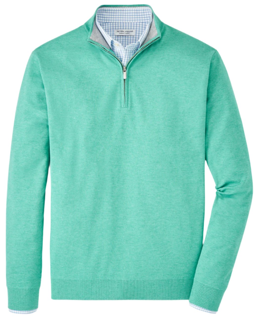 A Peter Millar Coolspun Cotton Quarter-Zip Sweater in mint green is layered over a blue and white checkered button-up shirt, offering both style and comfort.