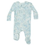 Introducing the Angel Dear Blue Meadow Floral Smocked Peter Pan Footie, a long-sleeved, footed baby onesie made from soft modal fabric. It features a delightful light blue floral pattern and an elegant Peter Pan collar. Designed for easy care, this adorable outfit is conveniently machine washable.