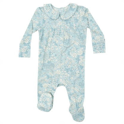 The Angel Dear Baby Girls' Blue Meadow Floral Footie, adorned with signature light blue floral patterns and a charming collar, blends comfort and style perfectly for your little one, sure to elicit oohs and aahs.