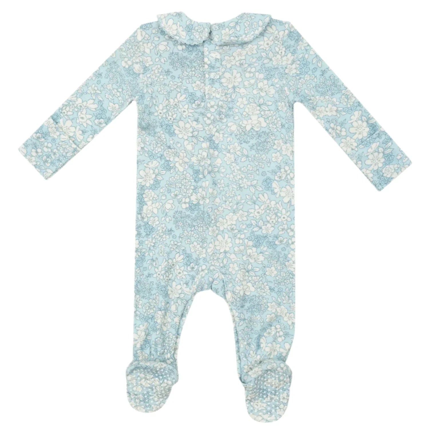 The Angel Dear Blue Meadow Floral Smocked Peter Pan Footie is a light blue baby onesie featuring a floral pattern, long sleeves, and footed bottoms. It is made from comfortable modal fabric that can be easily machine washed.