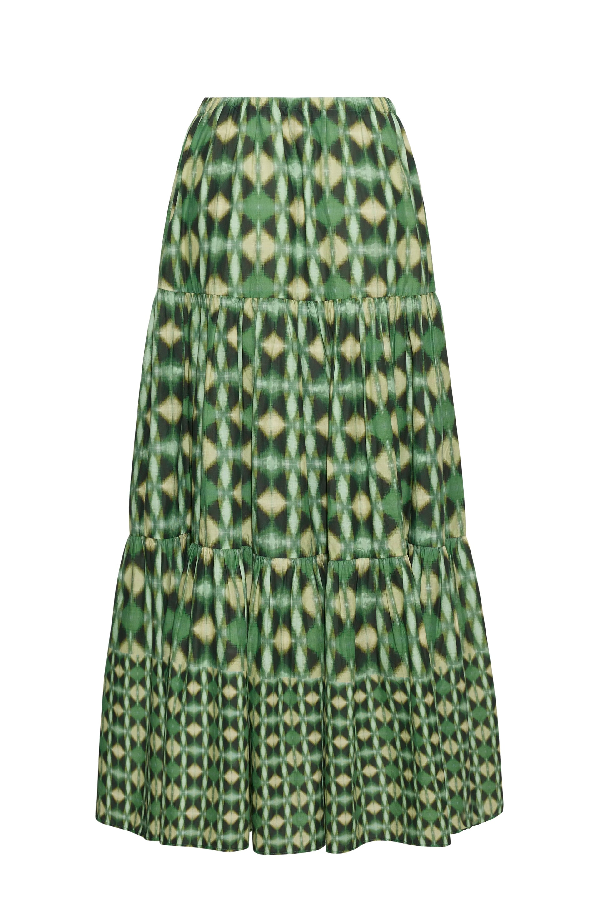 The Melanie Skirt by Cara Cara features a geometric starburst pattern in light green and cream on a dark background. This effortless green skirt showcases a flattering tiered silhouette with an elastic waist, offering comfortable, everyday style.