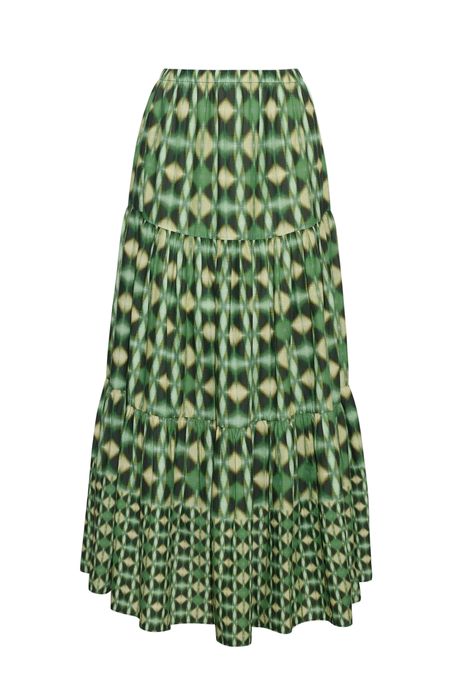The Melanie Skirt by Cara Cara showcases a green and beige geometric pattern in a tiered silhouette with an elastic waistband for easy wear.