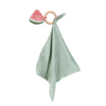 The MON AMI Water Melonie Wood Teether Security Blankie from Mon Ami is a green velour blanket with a wooden teething ring, adorned with a small, plush watermelon slice attachment.