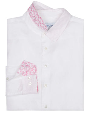 The Mens' Solid Linen Shirt by Pink House Mustique features a pink patterned inner collar and cuffs. Made from breathable linen, it offers comfort and style, showcased against a plain background.