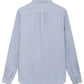 Rear view of a Love Brand & Co. Abaco Linen Shirt in light blue with a collar and cuffed sleeves, showcasing comfortable wear.