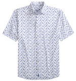 Johnnie-O Mendocino Button Down by Johnnie-O is a short-sleeve shirt with a white base enhanced with a blue palm tree pattern, made from wrinkle-resistant oxford fabric for easy care.