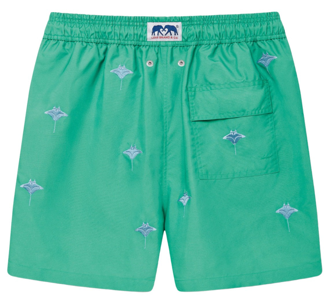 Love Brand Men's Manta Embroidered Swim Trunks with a back pocket and white starfish pattern, made from recycled polyester, displayed on a plain background.