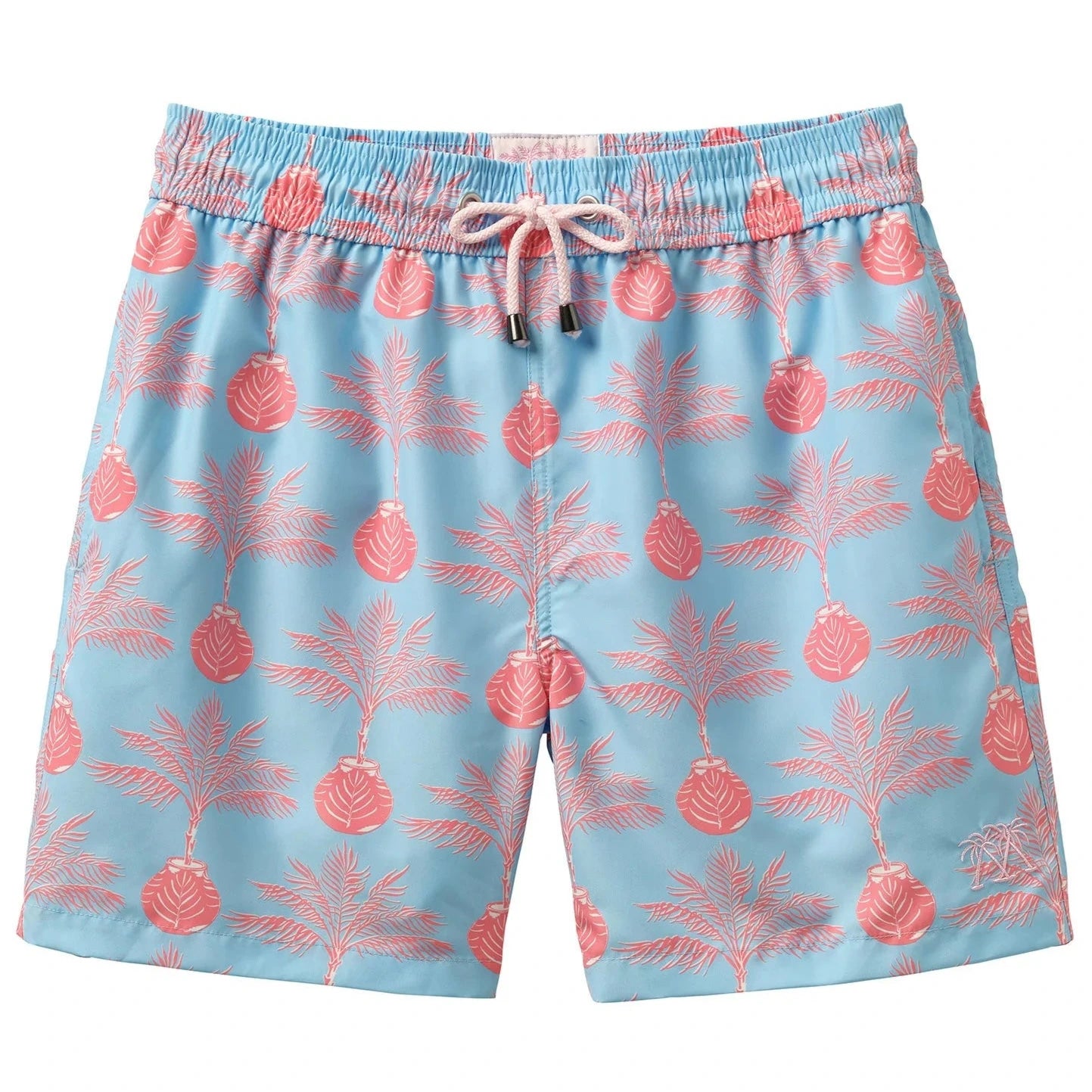 Pink House Mustique Swim Trunk: Light blue swim shorts with pink palm tree and pineapple print, made from recycled plastic. Features elastic waistband, white drawstring, quick-dry fabric, and mid-thigh length.