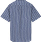 A Love Brand blue short-sleeved button-up Arawak linen shirt featuring a repeated white anchor pattern, displayed against a plain background.