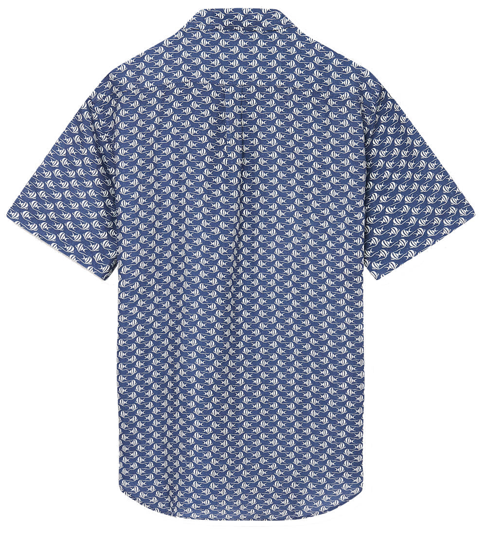 A Love Brand blue short-sleeved button-up Arawak linen shirt featuring a repeated white anchor pattern, displayed against a plain background.