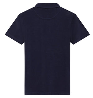 Love Brand navy blue t-shirt with short sleeves and a round collar, featuring breathable moisture-wicking fabric, displayed on a white background.