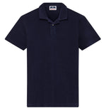 Love Brand & Co. Navy blue Powell terry polo shirt displayed against a plain background, featuring a collar, a three-button placket, and a small logo at the chest.