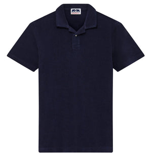 Love Brand & Co. Navy blue Powell terry polo shirt displayed against a plain background, featuring a collar, a three-button placket, and a small logo at the chest.