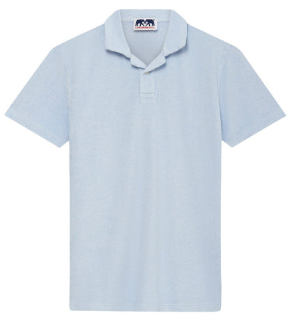 Love Brand light blue breathable moisture-wicking Powell Terry polo shirt on a plain background.