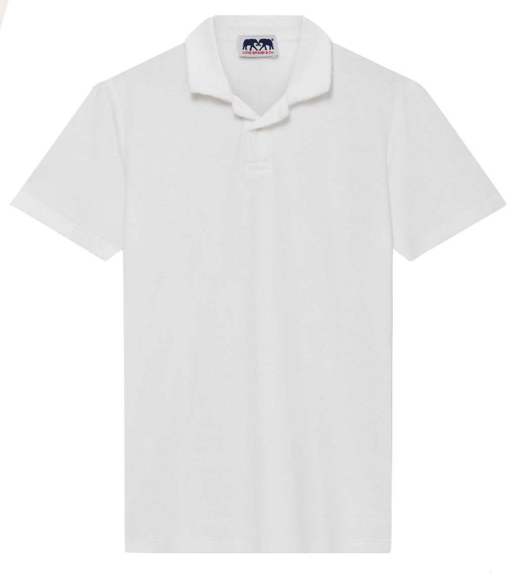 Love Brand white breathable moisture-wicking Powell Terry polo shirt with a small logo on the chest.