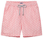 Love Brand & Co. Ray Rhythm Staniel Swim Trunk: Pink swim trunks featuring a diamond geometric print and a gray rope drawstring, crafted from quick-dry recycled fabrics.