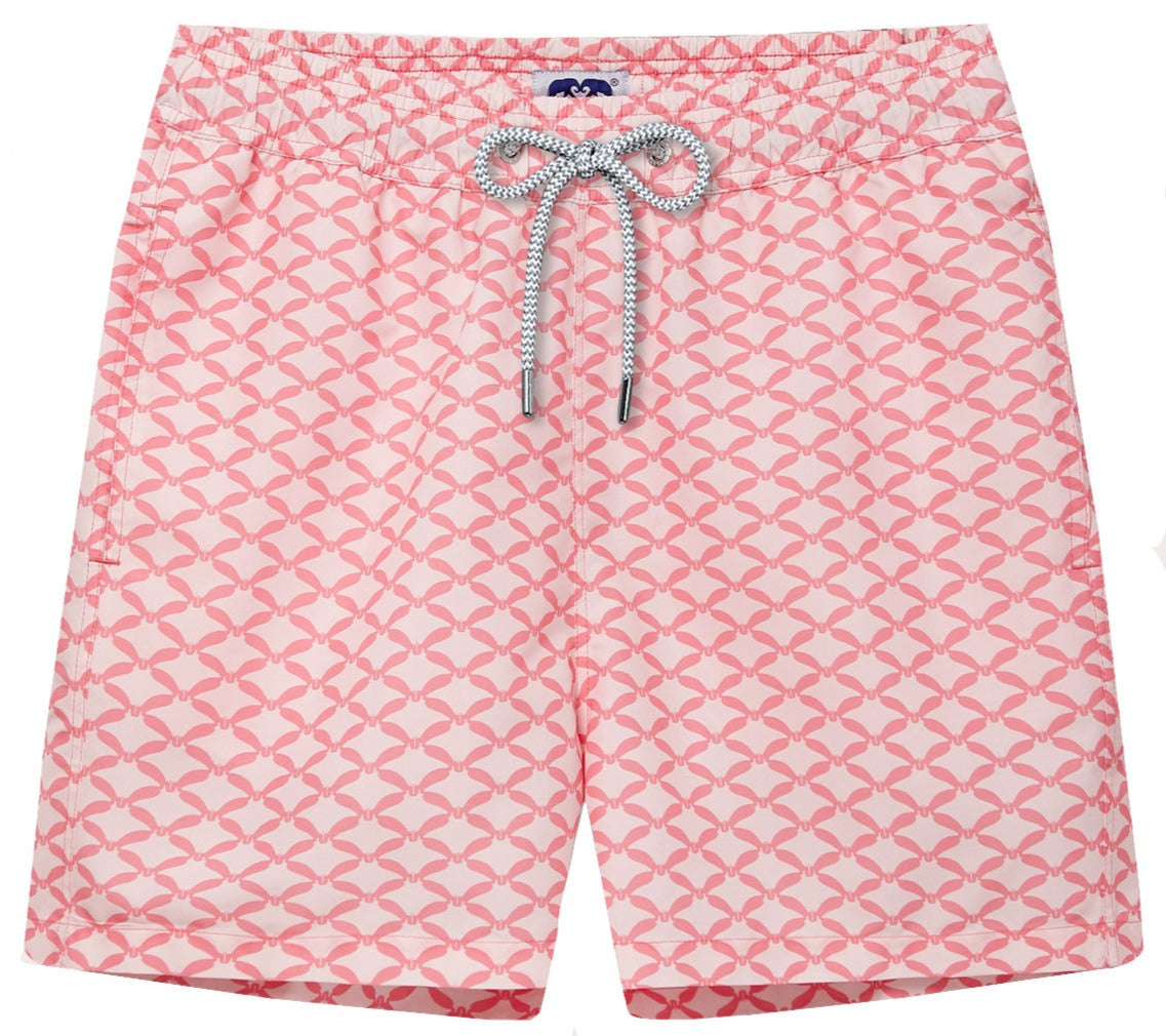 Love Brand & Co. Ray Rhythm Staniel Swim Trunk: Pink swim trunks featuring a diamond geometric print and a gray rope drawstring, crafted from quick-dry recycled fabrics.