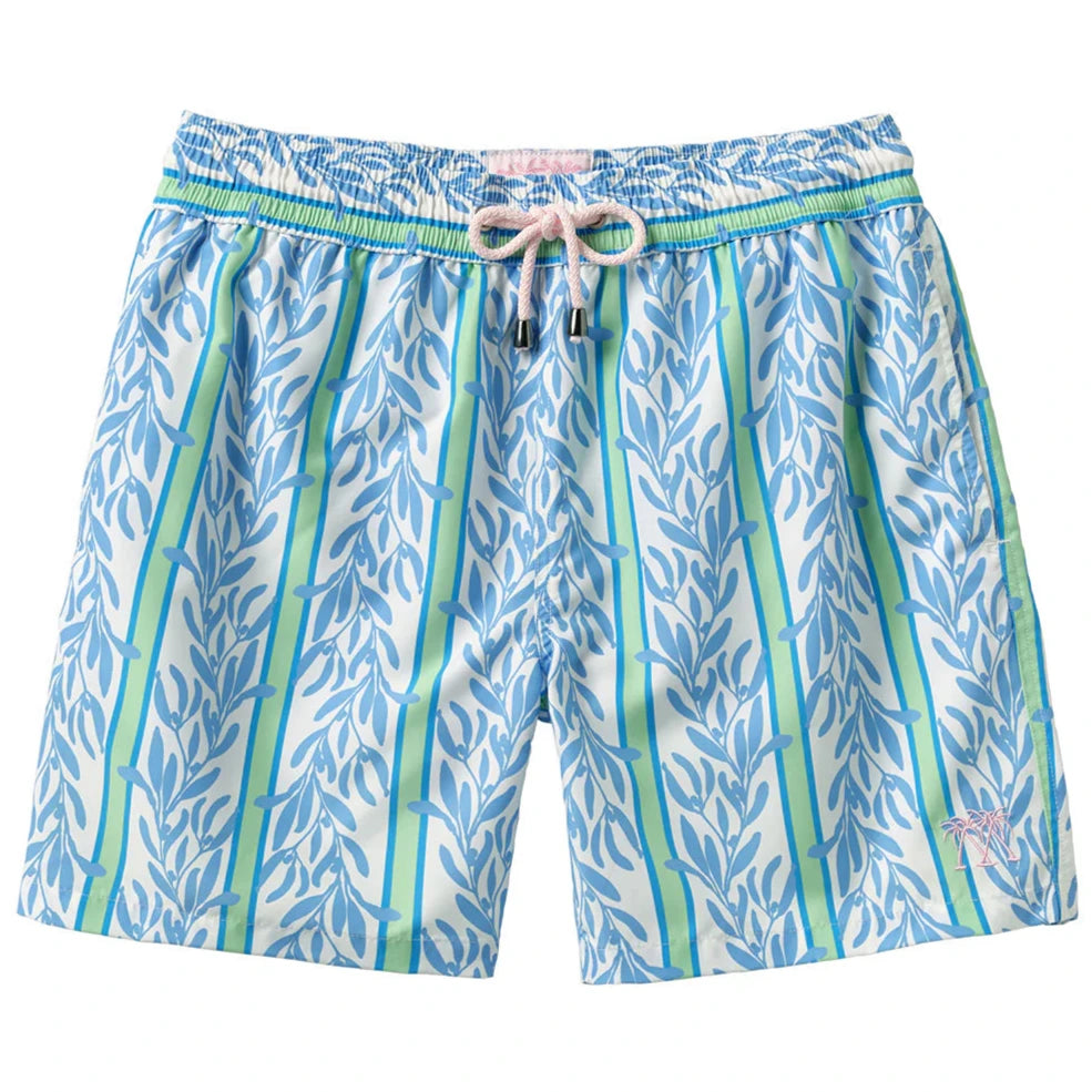 Pink House Mustique Swim Trunk: men’s blue and green leaf print swim shorts with elastic waistband, white drawstring, side pockets, quick-dry recycled fabric—comfort in and out of water.