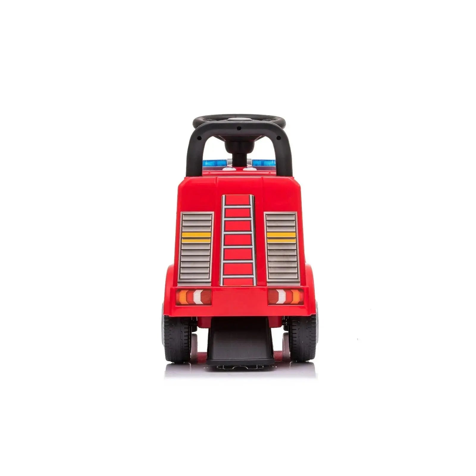 Freddo Mercedes Antos Foot-To-Floor Fire Truck Ride-On for children, shown from the front, with a ladder design, steering wheel, and black wheels, isolated on a white background.