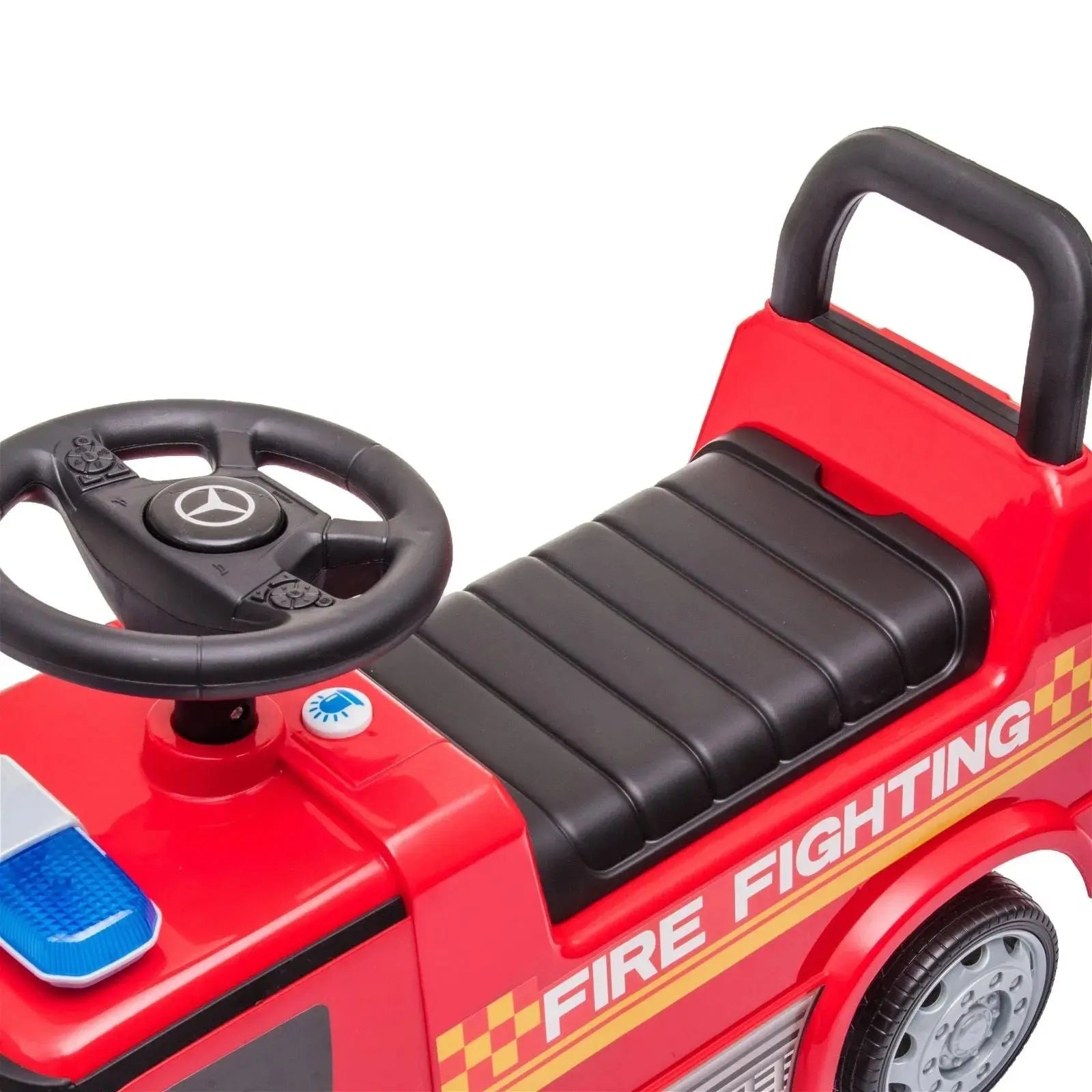 The Freddo Mercedes Antos Foot-To-Floor Fire Truck Ride-On is a red toddler ride-on featuring a black steering wheel and seat, with “FIRE FIGHTING” written on the side—perfect for little heroes who dream of driving their own fire truck!.