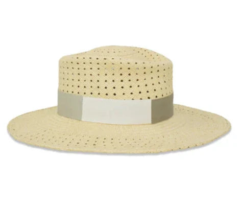 The Gigi Burris Merle Hat, a stunning beige perforated hat featuring a wide brim and a chic gray and white band around the crown, is showcased on a pristine white background, making it an impeccable addition to your summer wardrobe.