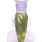 The Great Pretenders Mermaid Dress & Headband, by Great Pretenders, is an enchanting children's costume featuring a purple ruffled top and a green and gold scale-patterned tail made from holographic fabric, beautifully showcased on a mannequin.