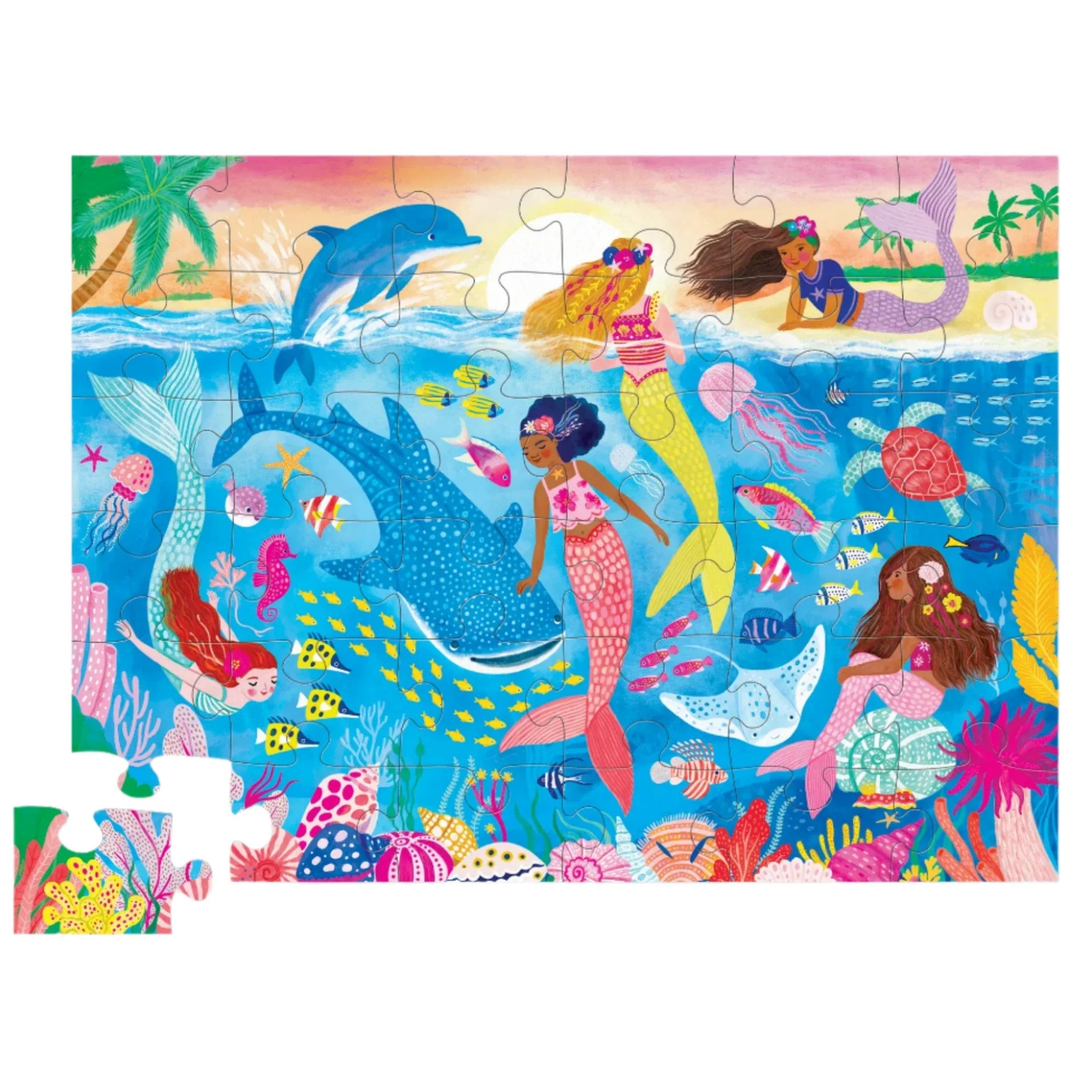 Mermaid Dreams come to life with Crocodile Creek's vibrant 36-piece floor jigsaw puzzle, featuring an underwater fantasy of mermaids swimming with dolphins, fish, and coral reefs against a sunset backdrop. Noticeably, one puzzle piece is missing in the bottom left corner.