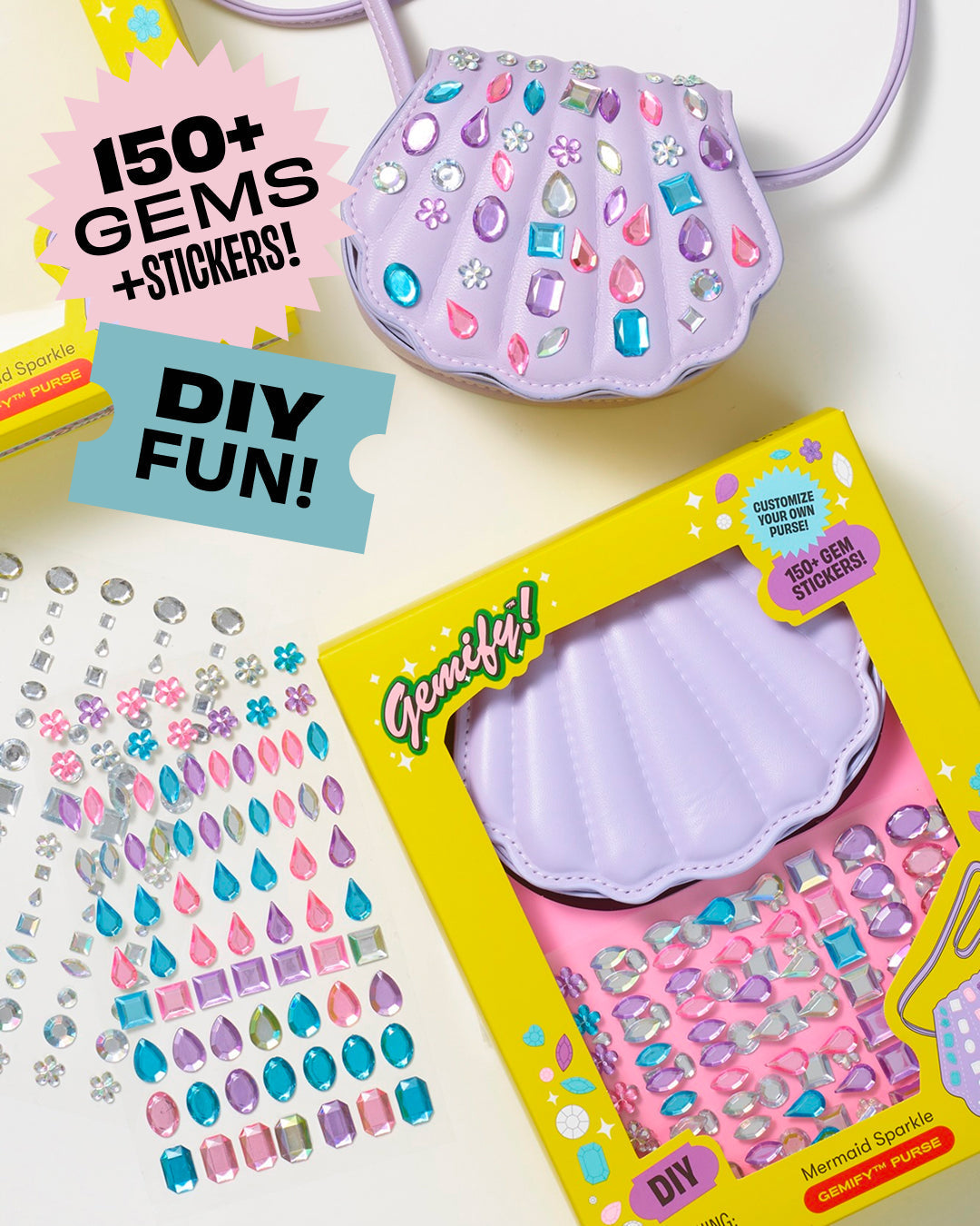 The Super Smalls Mermaid Gemify Purse kit includes a purple shell-shaped kids bag, over 150 colorful gem stickers for decorating, and comes with packaging that displays gem sheets and easy instructions.