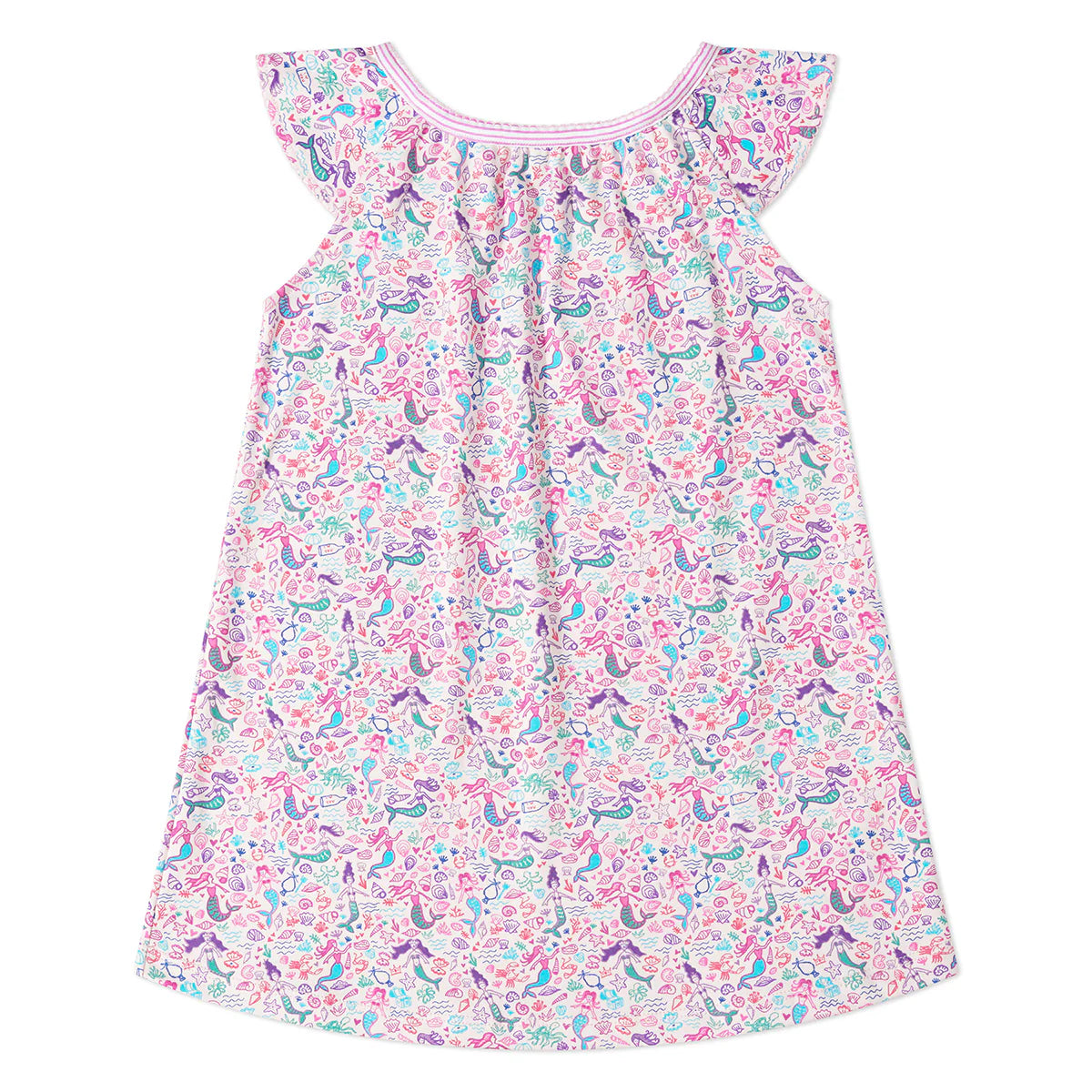 The Joy Street Girls’ Mermaids Emilia Lounge Dress features ruffled shoulders, a pink and white design with floral, bird, and sea creature prints, plus a playful hidden message in a bottle.