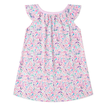 The Joy Street Girls’ Mermaids Emilia Lounge Dress features ruffled shoulders, a pink and white design with floral, bird, and sea creature prints, plus a playful hidden message in a bottle.