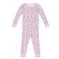 Joy Street Girls' Mermaids Two Piece Pajamas feature pink, blue, and white floral print with hand-drawn sea creatures and pink striped cuffs on the wrists, ankles, and collar.