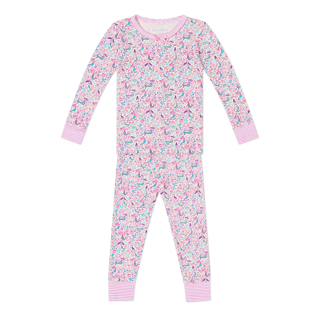 Joy Street Girls' Mermaids Two Piece Pajamas feature pink, blue, and white floral print with hand-drawn sea creatures and pink striped cuffs on the wrists, ankles, and collar.