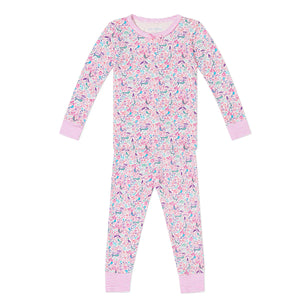 Joy Street Girls' Mermaids Two Piece Pajamas feature pink, blue, and white floral print with hand-drawn sea creatures and pink striped cuffs on the wrists, ankles, and collar.