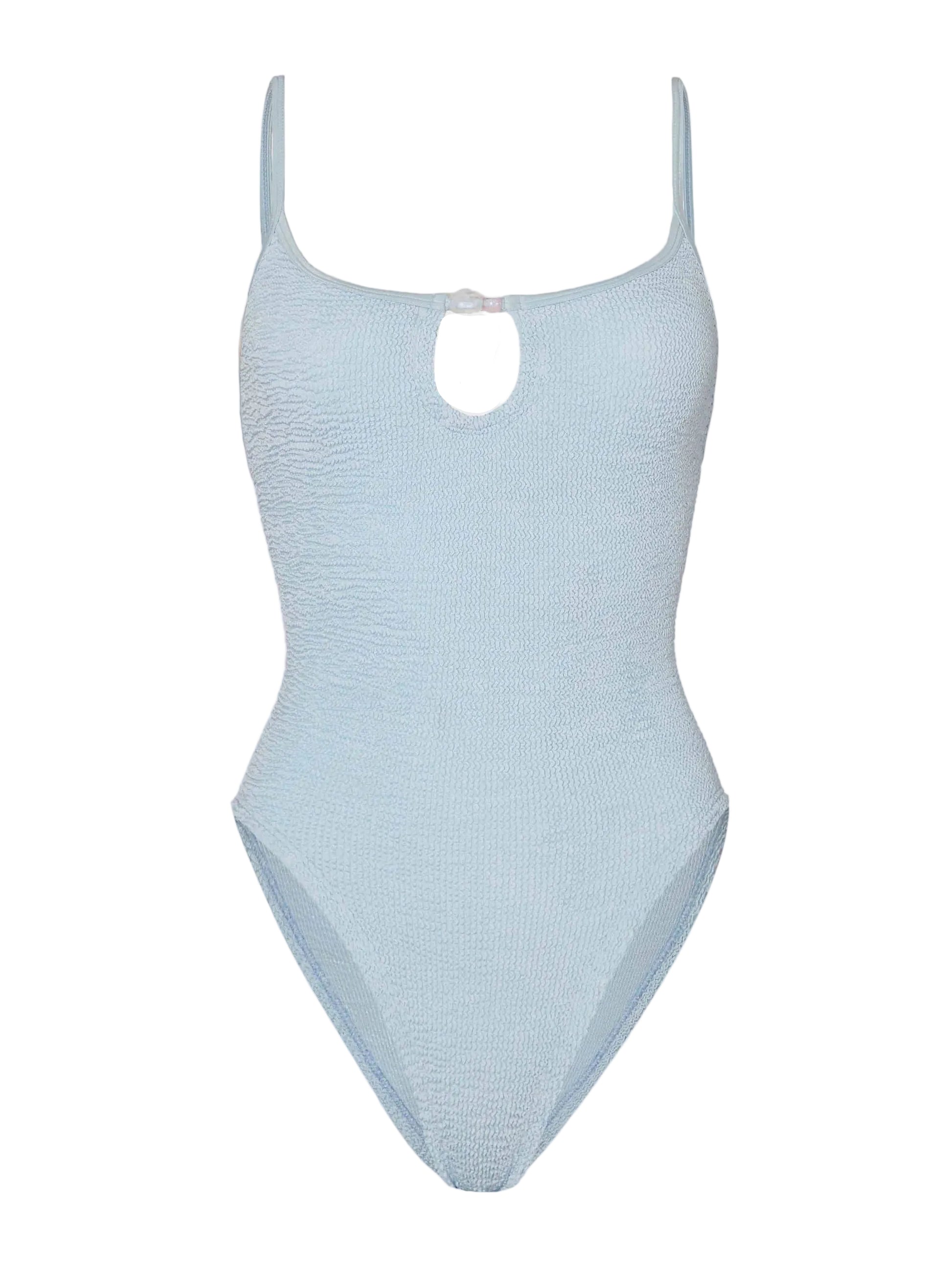 The Mia Beaded Swim by Hunza G is a light blue crinkle fabric one-piece swimsuit, featuring thin shoulder straps, a subtle front keyhole detail, and a comfortable one-size fit.
