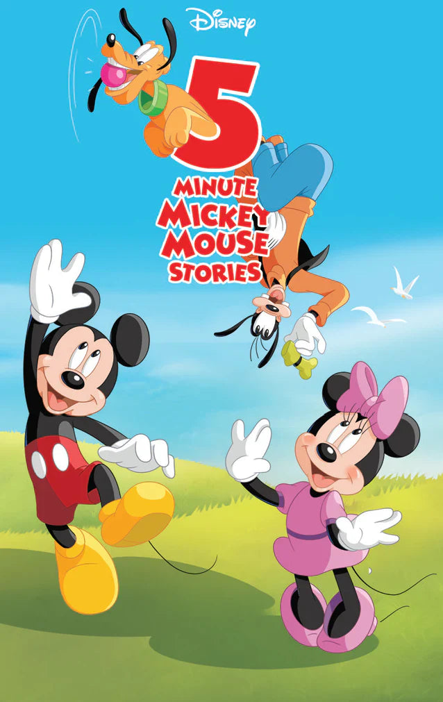 Mickey Mouse, Minnie Mouse, Goofy, and Pluto embark on exciting adventures under the bright blue sky, featuring the Yoto Card: 5 Minute Mickey Mouse Stories.