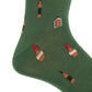 The Dapper Classics Pine Green Bourbon Bottles Mid Calf Sock features a stay-up fit and is decorated with a pixel art-style pattern of liquor bottles and glasses filled with brown liquid.