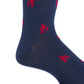 Close-up of a foot wearing a navy and red Dapper Classics Lobster Cotton Mid Calf Sock, featuring red embroidered lobster patterns, a linked-toe design, and crafted from breathable material.