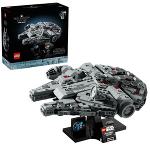 A LEGO® Millennium Falcon starship by LEGO® is displayed on a stand, with its box visible in the background.