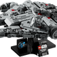 The LEGO® Millennium Falcon is showcased on a black stand featuring special 25th anniversary and LEGO® Star Wars labels.