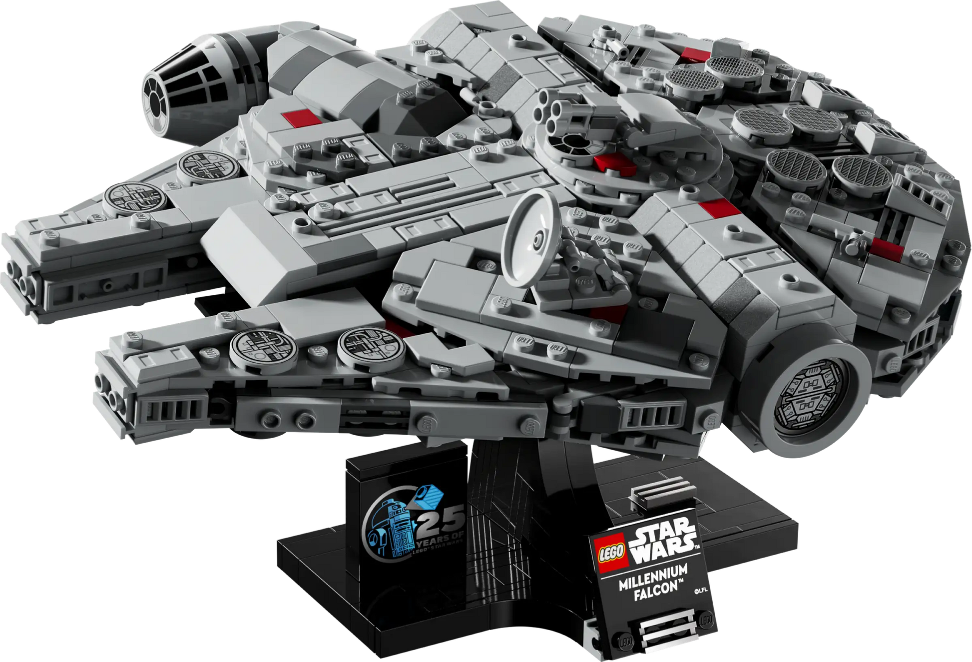 The LEGO® Millennium Falcon is showcased on a black stand featuring special 25th anniversary and LEGO® Star Wars labels.
