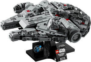 The LEGO® Millennium Falcon is showcased on a black stand featuring special 25th anniversary and LEGO® Star Wars labels.