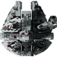 The LEGO® Millennium Falcon by LEGO® is a detailed brick model of the iconic starship, featuring intricate gray and black construction visible from an overhead view.