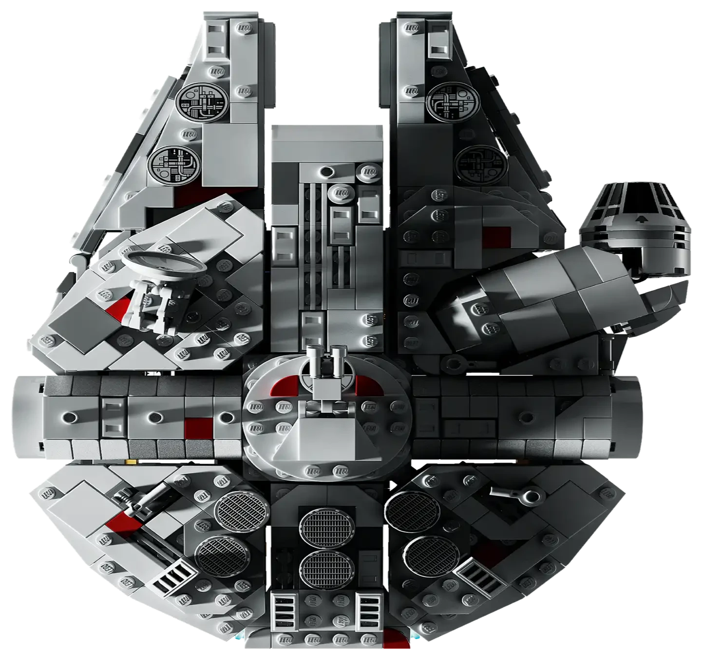 The LEGO® Millennium Falcon by LEGO® is a detailed brick model of the iconic starship, featuring intricate gray and black construction visible from an overhead view.